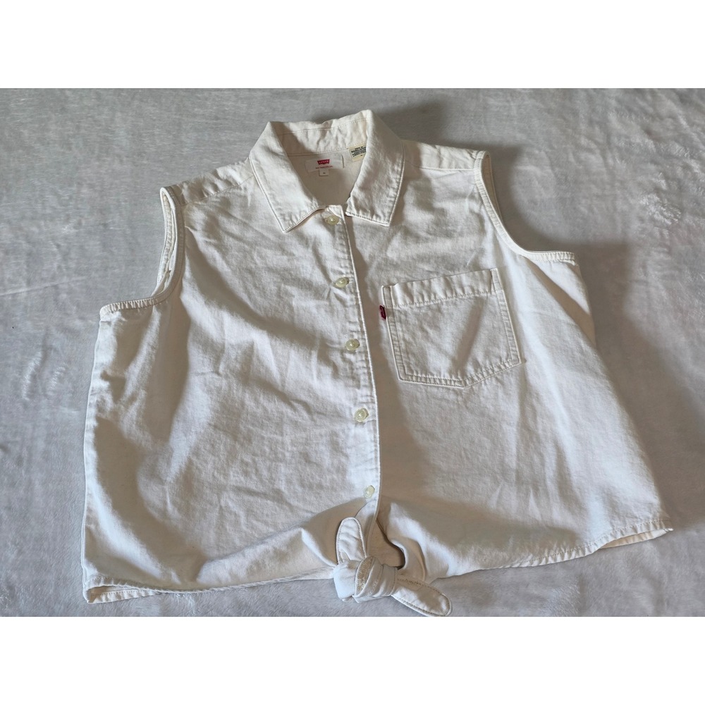 Levis Womens Medium Cream Sleeveless Tie Front Twill Denim Crop Western Shirt